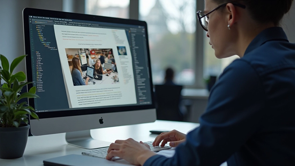 Computerscherm toont een artikel met veel afbeeldingen, elk met duidelijk beschrijvende alt-tekst zichtbaar in code-editor