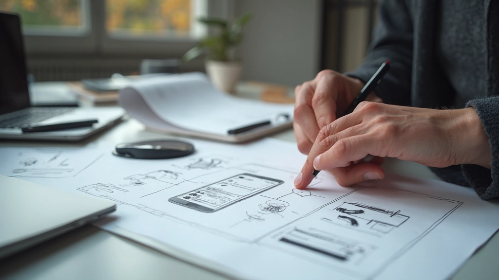 Wireframes en design sketches van mobiele website lay-outs op papier met nummering en annotaties