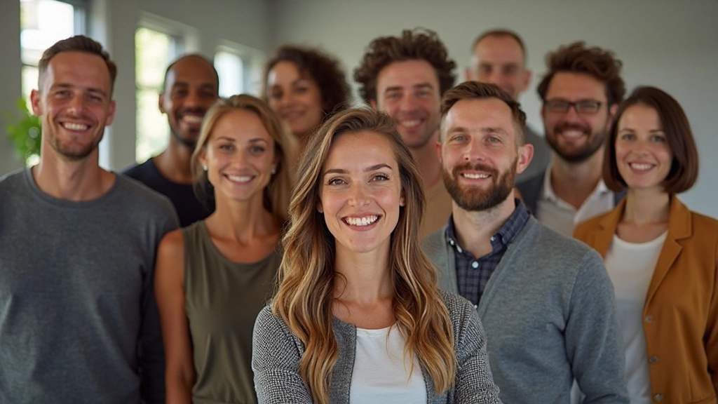 Gemengde groep mensen van verschillende leeftijden en afkomst, samen lachend voor camera in inclusieve omgeving
